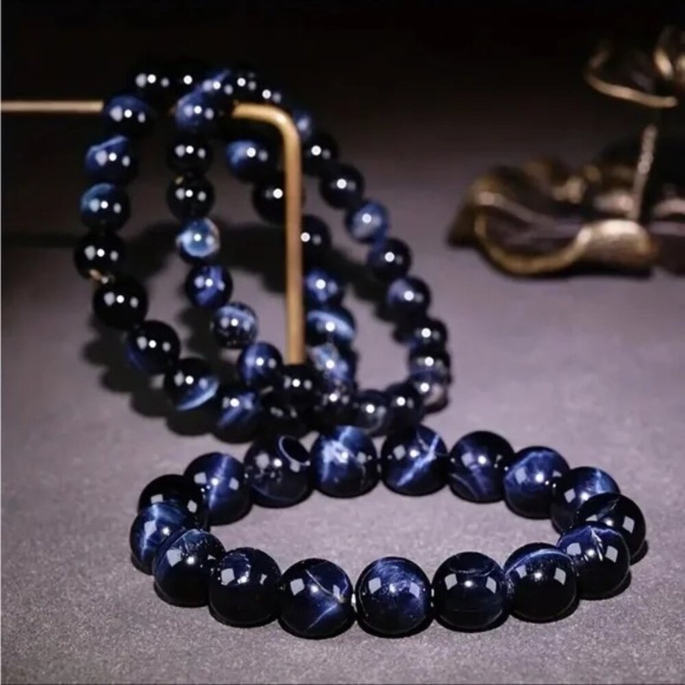 New Unisex Natural Blue & Black Tigers Eye Beaded Bracelet